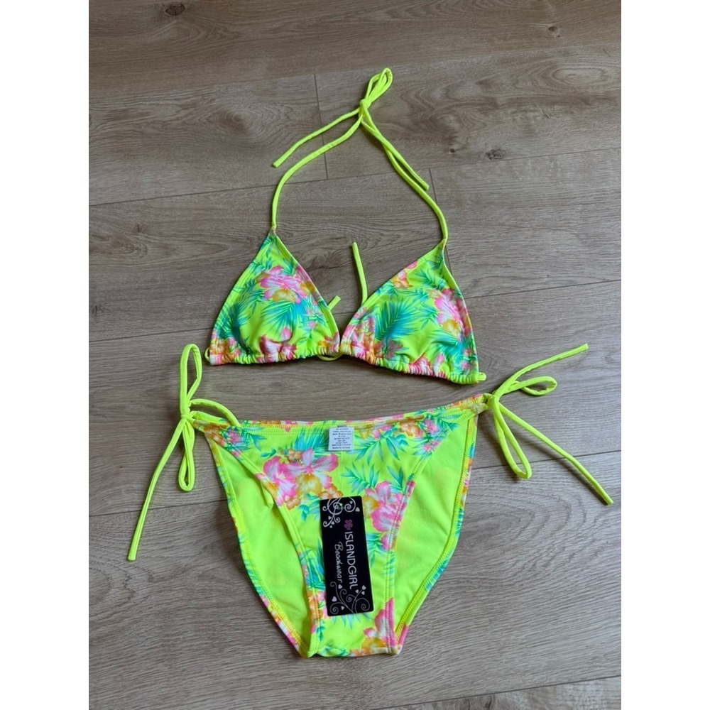 NWT IslandGirl Sparkle swimwear floral neon yellow string binki set size S
